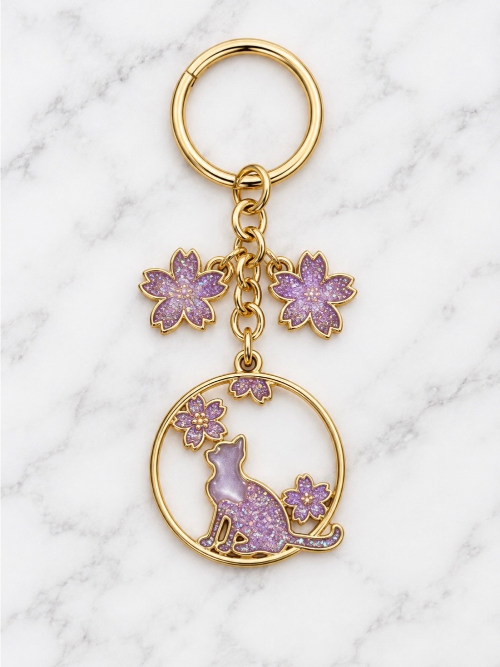 Gold & Lavender Cat Cherry Blossom Keychain